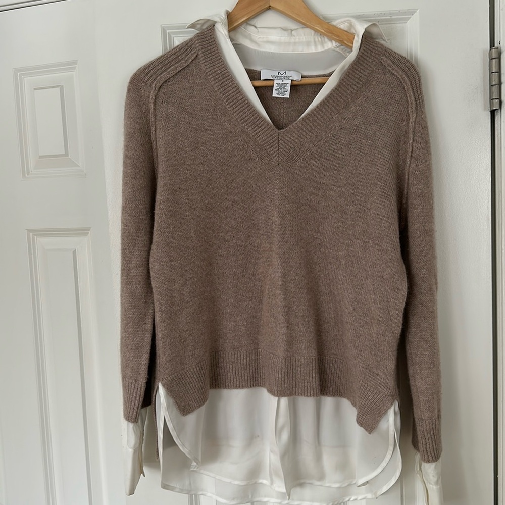 Cashmere Sweater with blouse style interior collar and button.